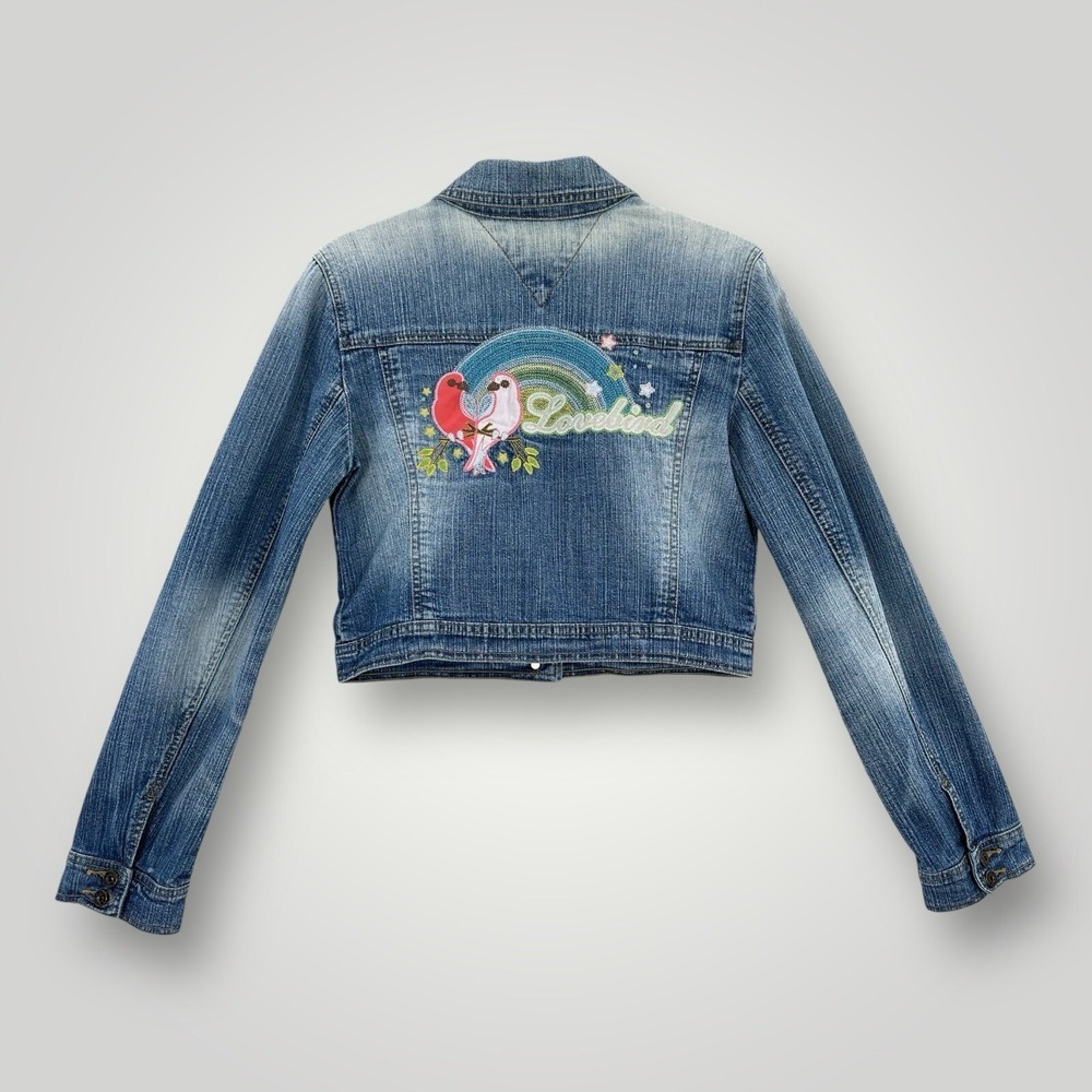 VTG 2005 Tommy Jeans Denim Cropped Jacket Womans M Love Birds Embroidery on Back